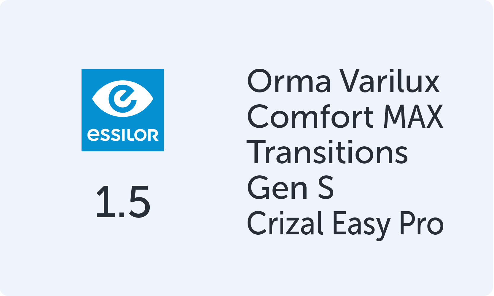 Essilor Varilux Comfort Max Orma 1.5 Transitions Gen S Crizal Easy Pro