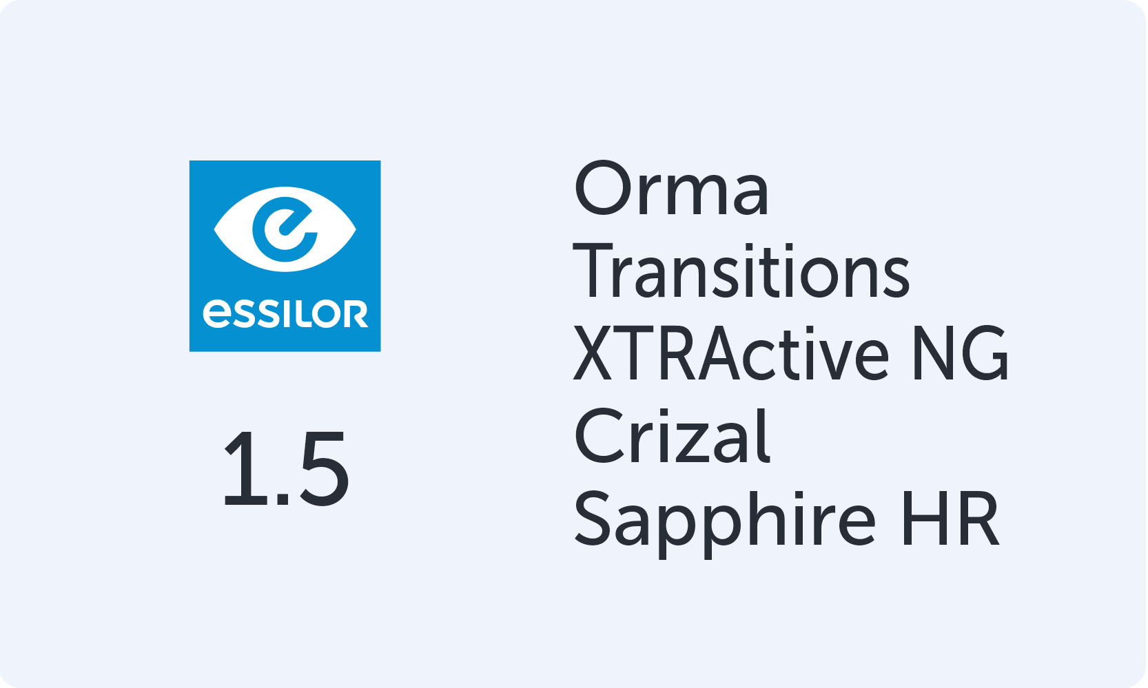 Essilor Orma 1.5 Transitions XTRActive Crizal Sapphire HR