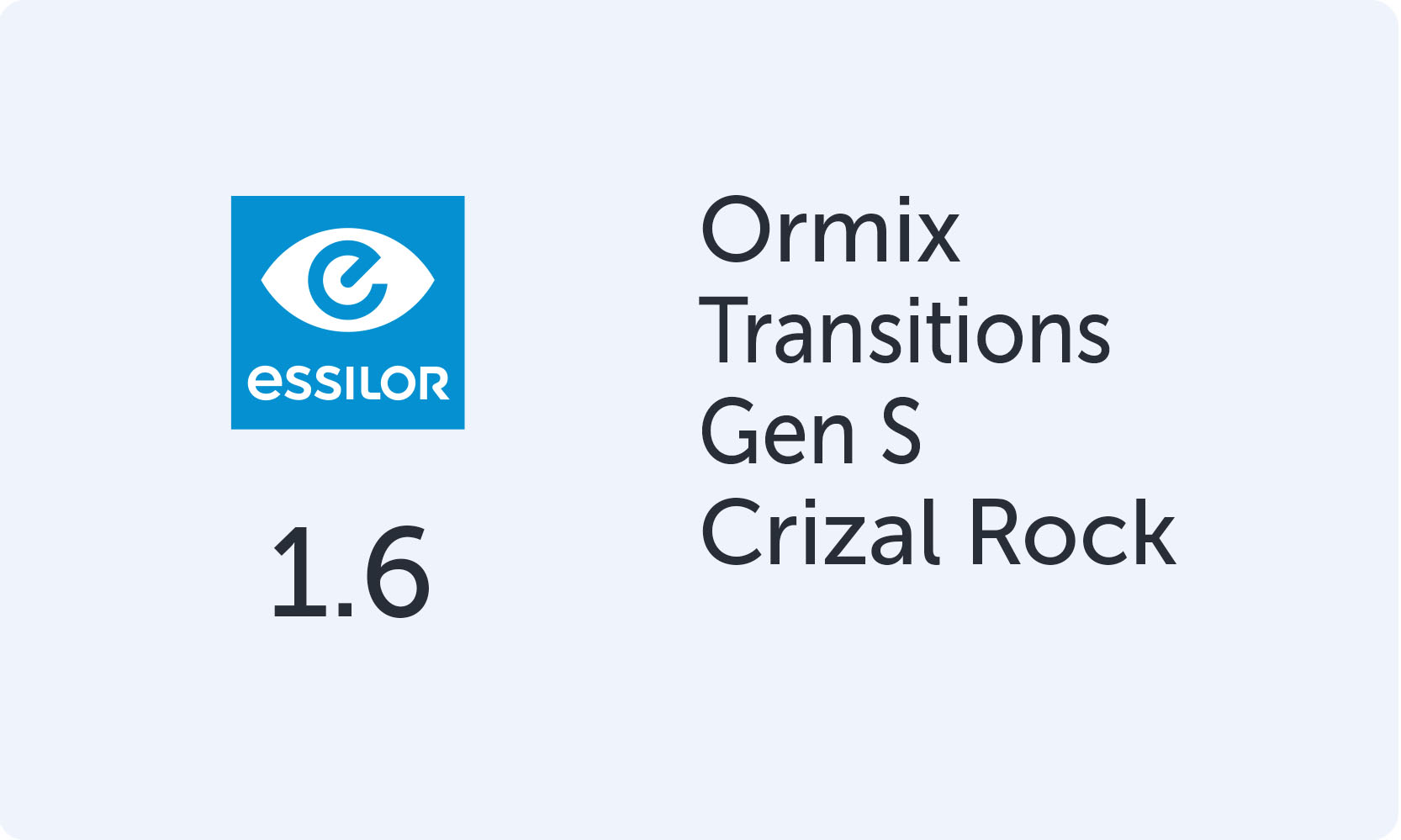 Essilor Ormix 1.6 Transitions Gen S Crizal Rock